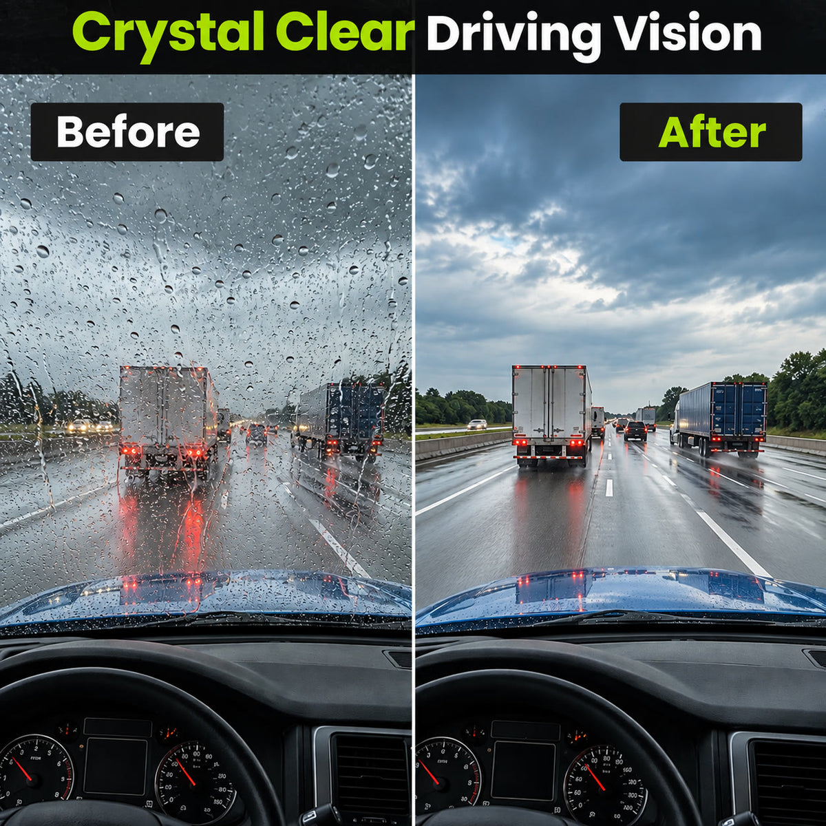 The same stretch of highway through untreated and treated truck glass