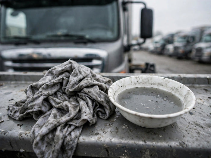 A used cloth and a bowl of grey rinse water on the car