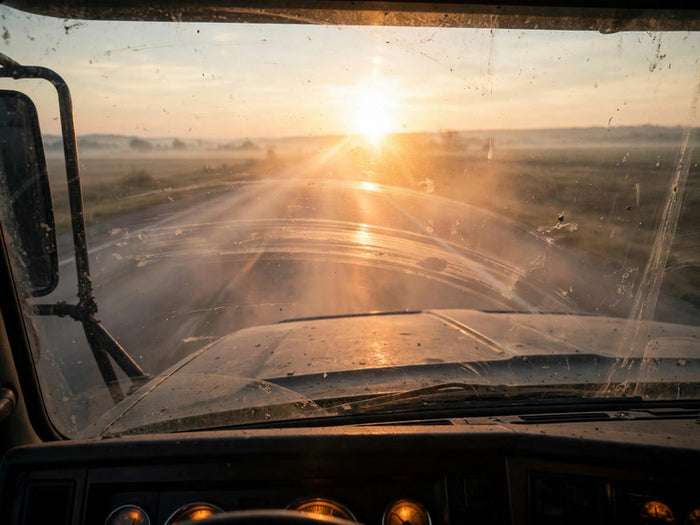 Low sun turns a hazy windshield into a wall of glare