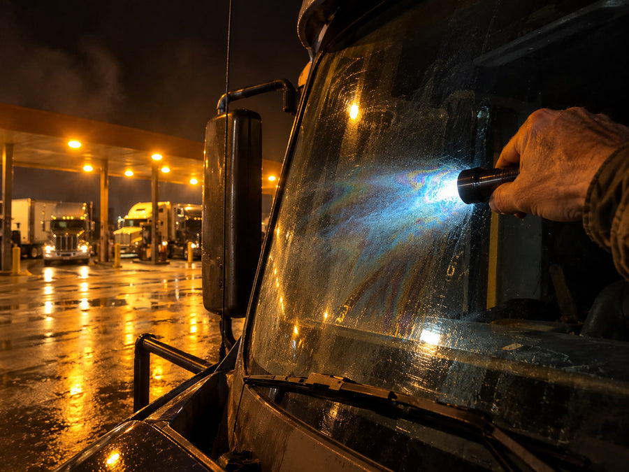 A flashlight held flat against a truck windshield reveals the oily film